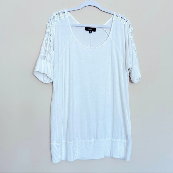 NAIF Women’s White Short Sleeve Top with Crochet Shoulders - Picture 1 of 8